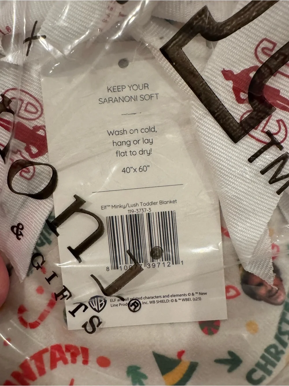 NWT Saranoni ELF Minky Lush Blanket - White w/ ELF/ Will Ferrell Print